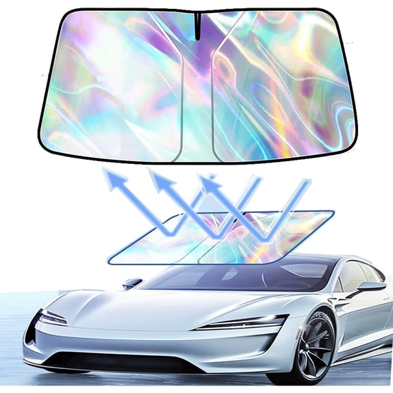 Windshield Sun Shade for Car - 57x31 Inch Foldable Front Window Sunshade with Mirror V-Cut - Protects Interior from UV & Heat - Universal Fit for Passenger Cars, Sedans, SUVs, Trucks