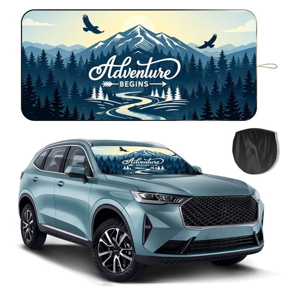 Windshield Sun Shade for Car, 63"x28.5" Universal Fit Front Window Sunshade with Double Steel Ring Frame, UV Protection Windshield Cover with Storage Pouch