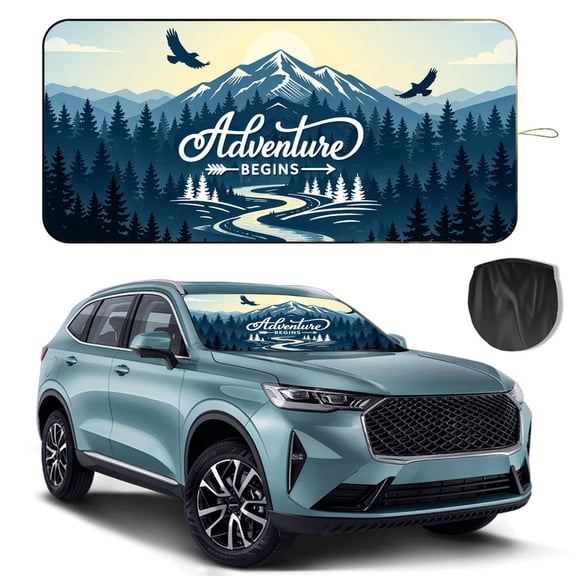 Windshield Sun Shade for Car, 63"x28.5" Universal Fit Front Window Sunshade with Double Steel Ring Frame, UV Protection Windshield Cover with Storage Pouch