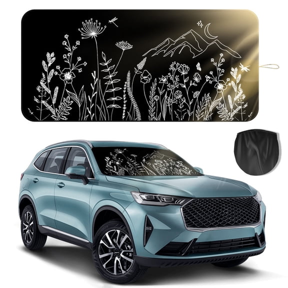 Windshield Sun Shade for Car, 63"x28.5" Universal Fit Front Window Sunshade with Double Steel Ring Frame, UV Protection Windshield Cover with Storage Pouch