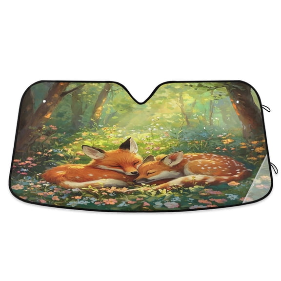 Windshield Sun Shade for Cars, 55"x27.6" Foldable Car Sun Shade with Aluminum Foil Bubble Heat Insulation, UV Protection for Sedan/SUV/Truck,A Cute Little Fox and Deer