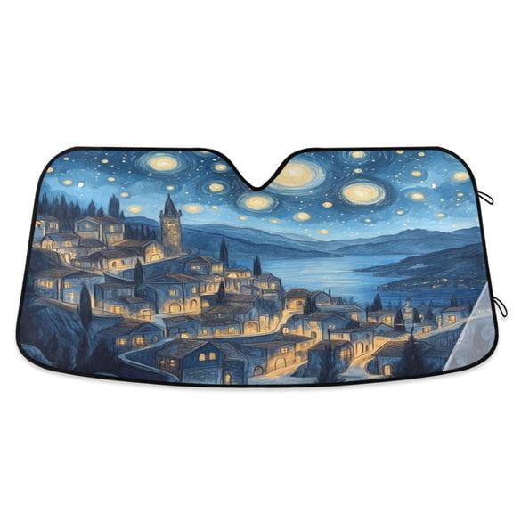 Windshield Sun Shade for Cars, 55"x27.6" Foldable Car Sun Shade with Aluminum Foil Bubble Heat Insulation, UV Protection for Sedan/SUV/Truck,A House under The Starry Sky