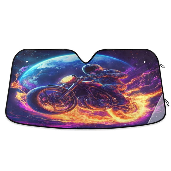 Windshield Sun Shade for Cars, 55"x27.6" Foldable Car Sun Shade with Aluminum Foil Bubble Heat Insulation, UV Protection for Sedan/SUV/Truck,A Man on A Motorcycle