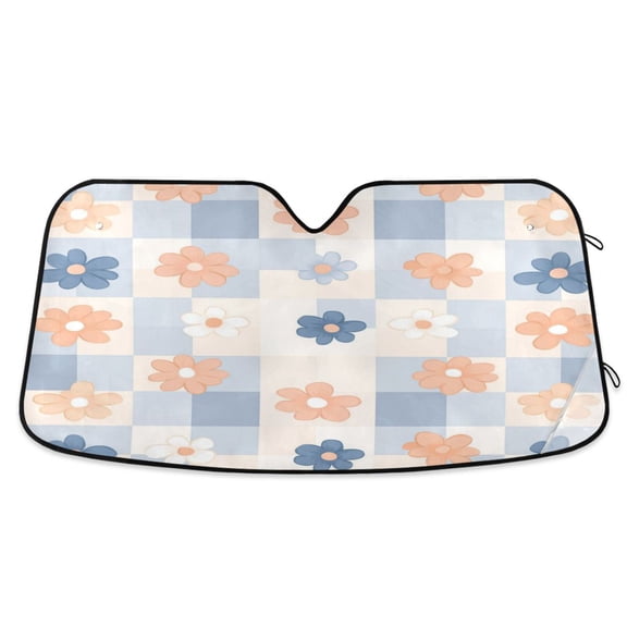 Windshield Sun Shade for Cars, 55"x27.6" Foldable Car Sun Shade with Aluminum Foil Bubble Heat Insulation, UV Protection for Sedan/SUV/Truck,Floral Checkered