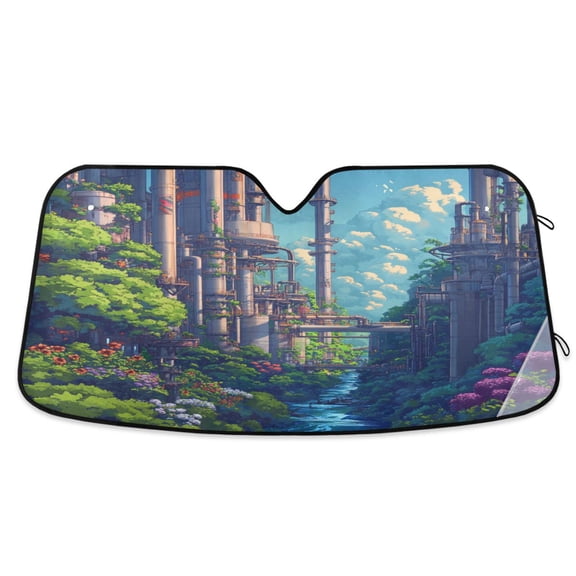 Windshield Sun Shade for Cars, 55"x27.6" Foldable Car Sun Shade with Aluminum Foil Bubble Heat Insulation, UV Protection for Sedan/SUV/Truck,Landscape