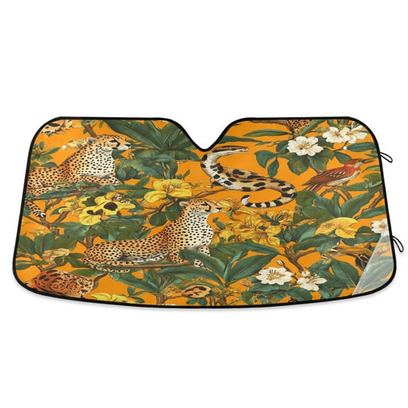 Windshield Sun Shade for Cars, 55"x27.6" Foldable Car Sun Shade with Aluminum Foil Bubble Heat Insulation, UV Protection for Sedan/SUV/Truck,Leopards and Birds