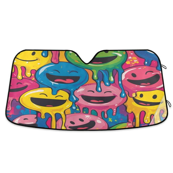 Windshield Sun Shade for Cars, 55"x27.6" Foldable Car Sun Shade with Aluminum Foil Bubble Heat Insulation, UV Protection for Sedan/SUV/Truck,Many Smiling Faces