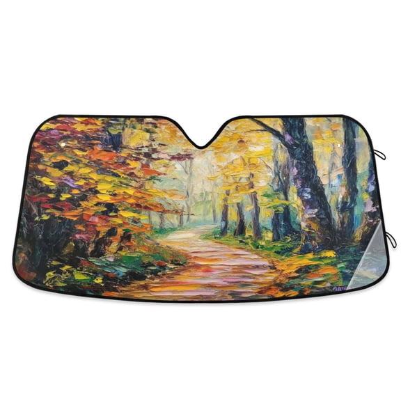 Windshield Sun Shade for Cars, 55"x27.6" Foldable Car Sun Shade with Aluminum Foil Bubble Heat Insulation, UV Protection for Sedan/SUV/Truck,Oil Painting Small Path