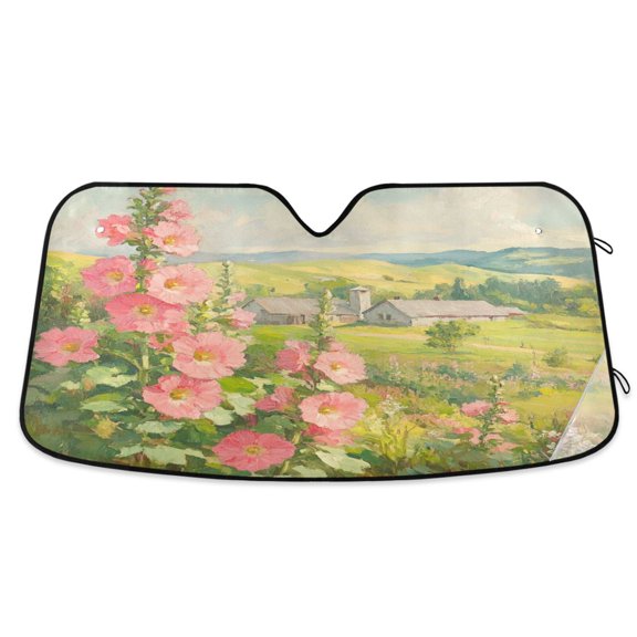 Windshield Sun Shade for Cars, 55"x27.6" Foldable Car Sun Shade with Aluminum Foil Bubble Heat Insulation, UV Protection for Sedan/SUV/Truck,Pink Hollyhocks