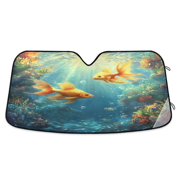 Windshield Sun Shade for Cars, 55"x27.6" Foldable Car Sun Shade with Aluminum Foil Bubble Heat Insulation, UV Protection for Sedan/SUV/Truck,Three Golden Fish