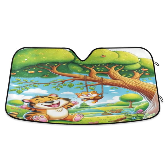 Windshield Sun Shade for Cars, 55"x27.6" Foldable Car Sun Shade with Aluminum Foil Bubble Heat Insulation, UV Protection for Sedan/SUV/Truck,Tigers and Kittens
