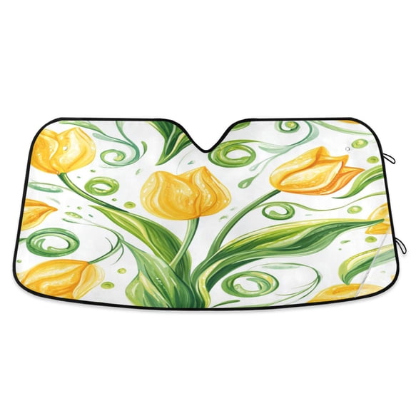 Windshield Sun Shade for Cars, 55"x27.6" Foldable Car Sun Shade with Aluminum Foil Bubble Heat Insulation, UV Protection for Sedan/SUV/Truck,Yellow Tulips