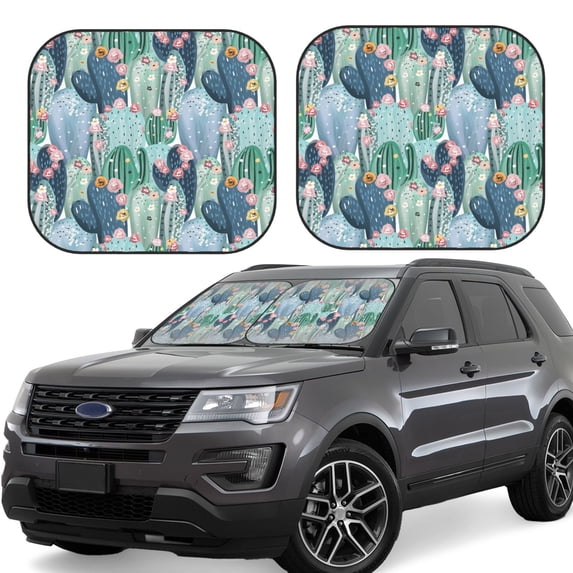 Windshield Sun Shade, Cartoon Cactus Blooming Foldable Car Sun Shade Windshield For Front, 2 Pieces