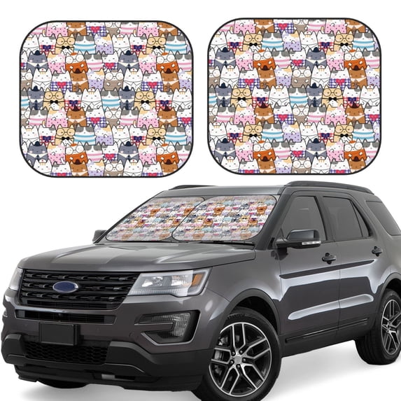 Windshield Sun Shade, Cartoon Cute Cat With Glasses Foldable Car Sun Shade Windshield For Front, 2 Pieces
