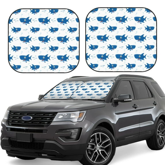 Windshield Sun Shade, Cartoon Cute Shark Blue_A Foldable Car Sun Shade Windshield For Front, 2 Pieces