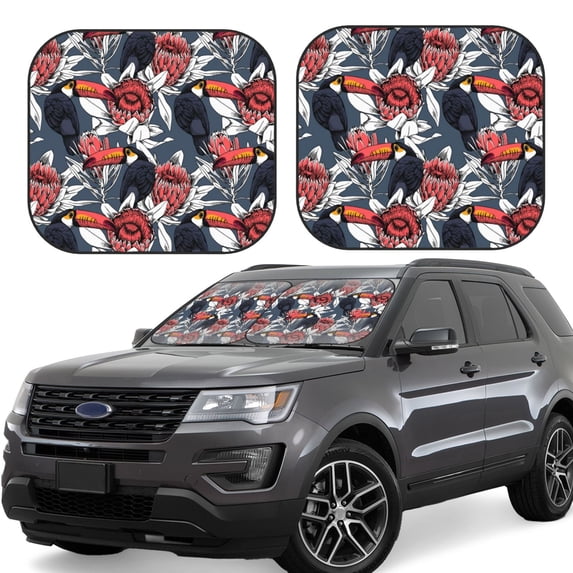 Windshield Sun Shade, Cartoon Cute Toucan Bird Flower Foldable Car Sun Shade Windshield For Front, 2 Pieces