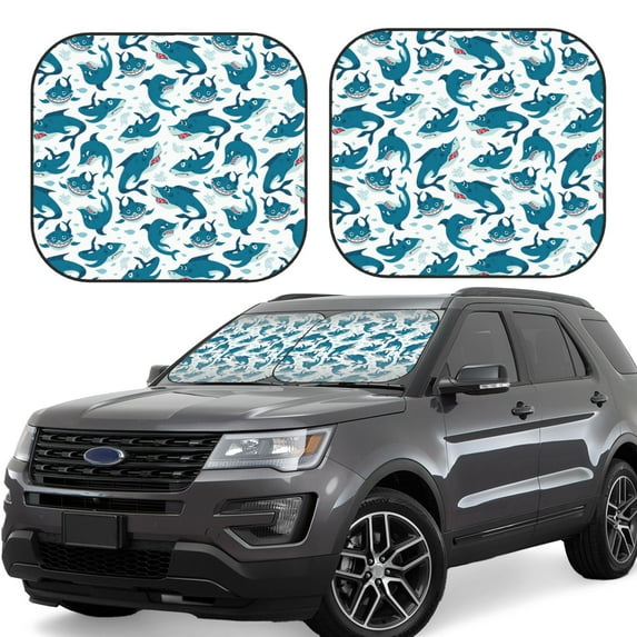 Windshield Sun Shade, Cartoon Funny Cute Shark_A Foldable Car Sun Shade Windshield For Front, 2 Pieces