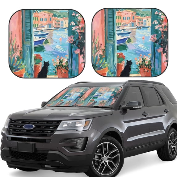 Windshield Sun Shade, Coastal Cat By The Window Foldable Car Sun Shade Windshield for Front, 2 Pieces