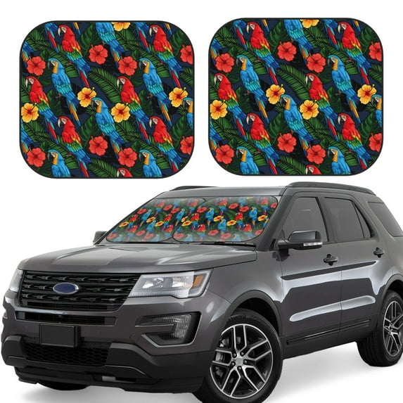 Windshield Sun Shade, Colorful Cartoon Parrot Leaves Foldable Car Sun Shade Windshield For Front, 2 Pieces