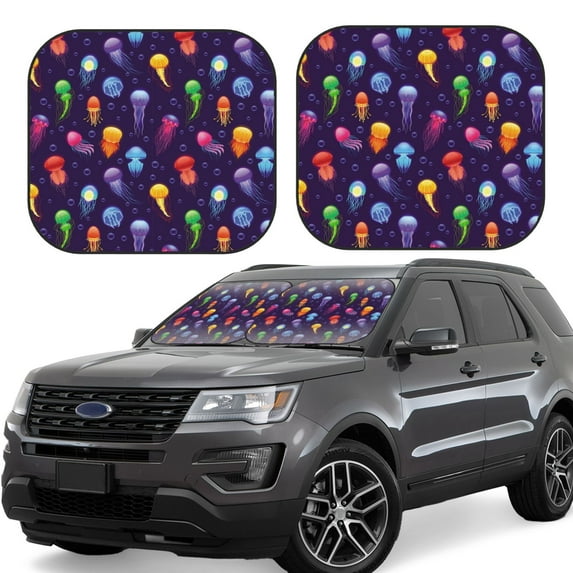 Windshield Sun Shade, Colorful Light Jellyfish Foldable Car Sun Shade Windshield For Front, 2 Pieces