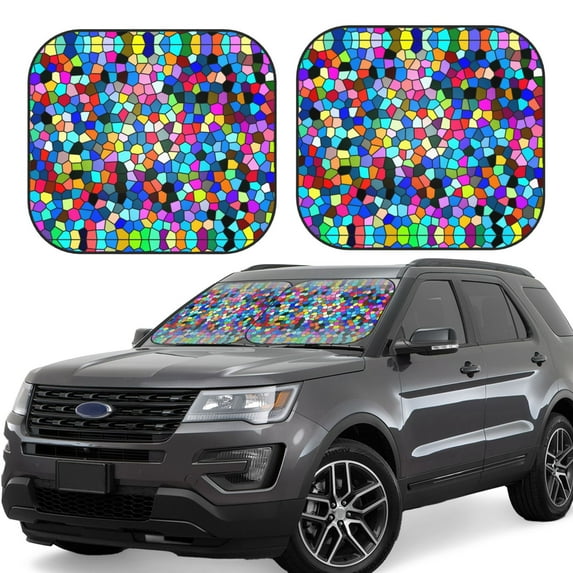 Windshield Sun Shade, Colorful Tie Dye Stained Glass 2 Foldable Car Sun Shade Windshield for Front, 2 Pieces
