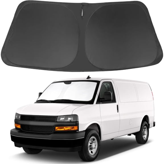 Windshield Sun Shade Compatible with 1996-2024 2025 2026 Chevrolet Express Cargo Van 1500, 3500, 4500, LS, LT Winter Accessories Foldable Sun Visor Protector Keeps Cool