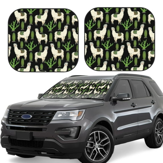 Windshield Sun Shade, Cute Alpaca Cactus Green Foldable Car Sun Shade Windshield For Front, 2 Pieces