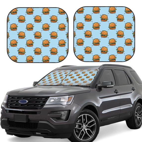 Windshield Sun Shade, Cute Hamburger Blue Foldable Car Sun Shade Windshield For Front, 2 Pieces