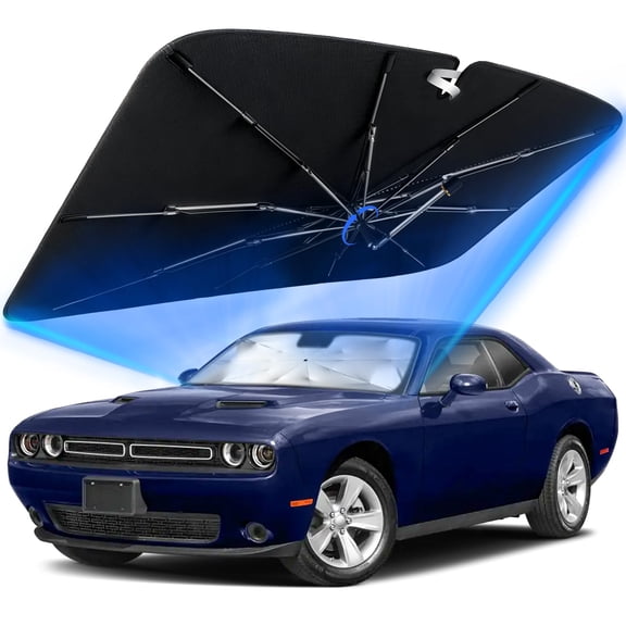 Windshield Sun Shade for Dodge Challenger 2008-2023 with 360° Rotating Shaft, Custom Fit Umbrella Sunshade for UV Blocking, Interior Heat Protection, Easy Storage