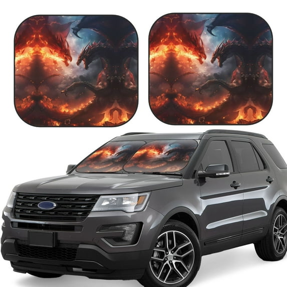 Windshield Sun Shade, Fire Sky Dragon Foldable Car Sun Shade Windshield for Front, 2 Pieces