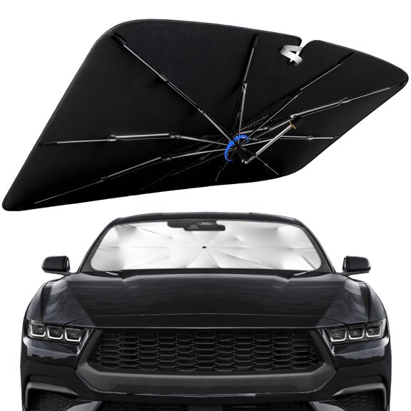 Windshield Sun Shade for Ford Mustang 2024-2026 with 360° Rotating Shaft, Custom Fit Umbrella Sunshade for UV Blocking, Interior Heat Protection, Easy Storage
