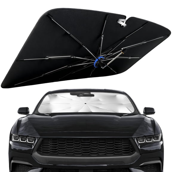 Windshield Sun Shade for Ford Mustang 2024-2026 with 360° Rotating Shaft, Custom Fit Umbrella Sunshade for UV Blocking, Interior Heat Protection, Easy Storage