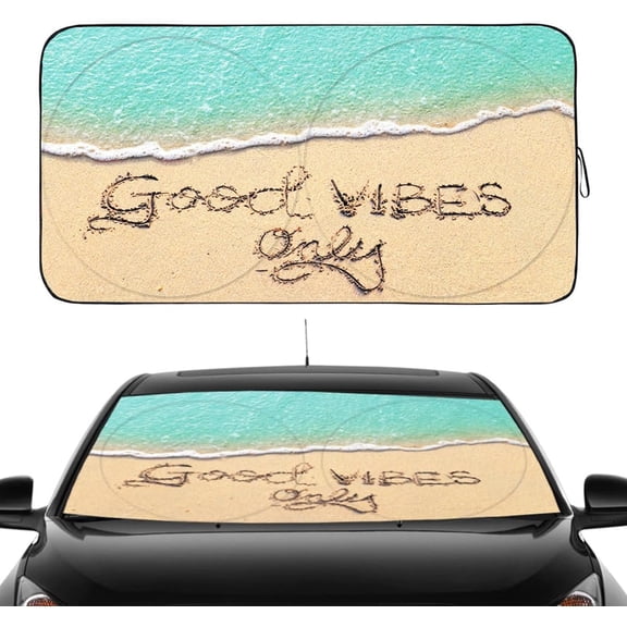 Windshield Sun Shade, Front Window Shades Cute Sunshade Windshield Cover Sun Visor Shield Block Automotive Interior Protector Blocks UV Rays for Pickup SUV (Good Vibes, L)