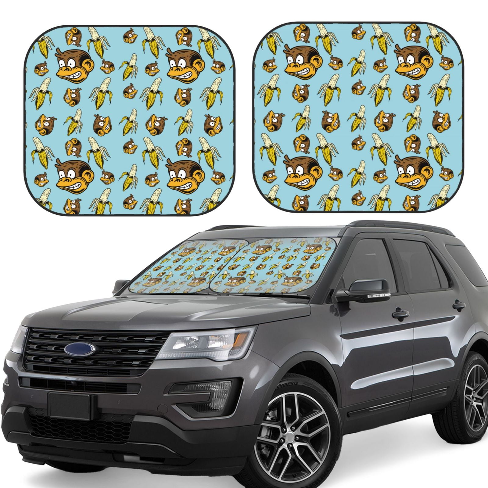 Windshield Sun Shade, Funny Banana Monkey 2Piece Foldablecar Sunshade