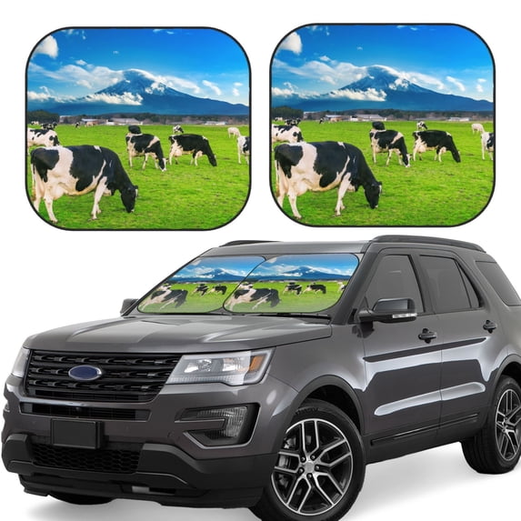 Windshield Sun Shade, Grazing Cows Mountain View Foldable Car Sun Shade Windshield for Front, 2 Pieces