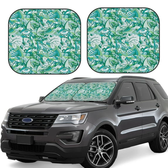 Windshield Sun Shade, Green Doodle Pattern Foldable Car Sun Shade Windshield For Front, 2 Pieces