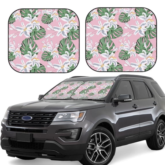 Windshield Sun Shade, Green Leaves Lilies Flowers Foldable Car Sun Shade Windshield For Front, 2 Pieces