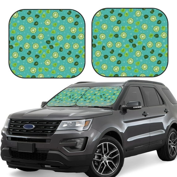Windshield Sun Shade, Green Lemon Leaves Bubble Foldable Car Sun Shade Windshield For Front, 2 Pieces