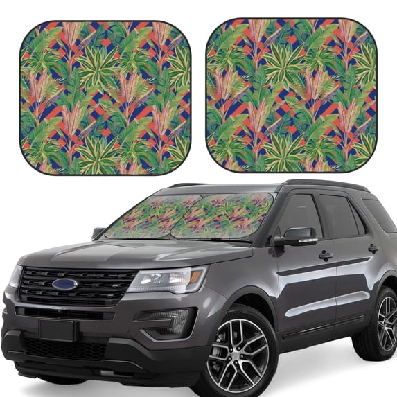 Windshield Sun Shade, Green Plants Foldable Car Sun Shade Windshield For Front, 2 Pieces