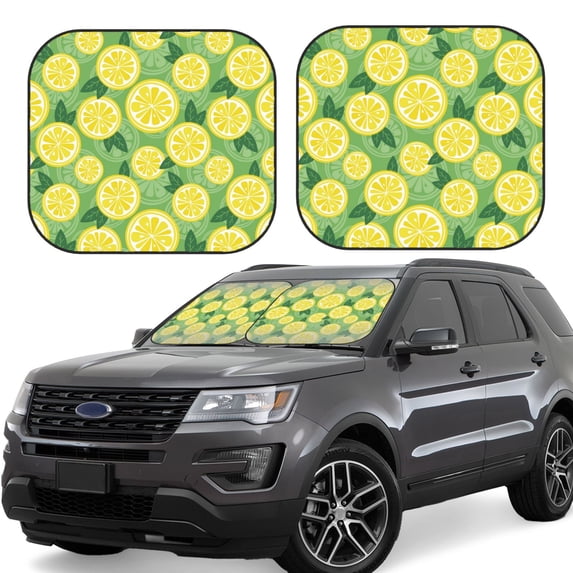 Windshield Sun Shade, Green Yellow Lemon Print Foldable Car Sun Shade Windshield For Front, 2 Pieces