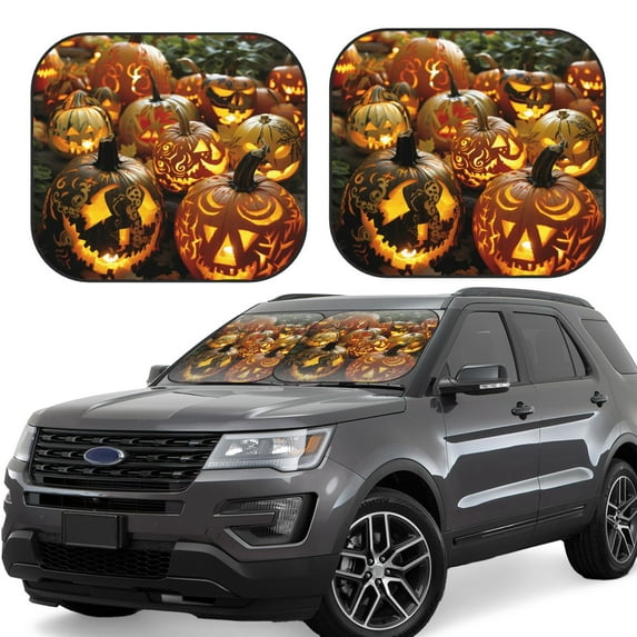 Windshield Sun Shade, Halloween Carved Pumpkin Art Foldable Car Sun Shade Windshield for Front, 2 Pieces