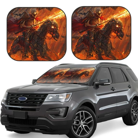 Windshield Sun Shade, Halloween Flame Skeleton Knight Foldable Car Sun Shade Windshield for Front, 2 Pieces