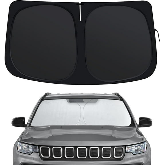 Windshield Sun Shade for Jeep Compass 2017-2025, Front Window Shades Custom Fit for Compass, Foldable Car Sun Shield with Steering Wheel Sunshade to Block UV Keep Car Cool