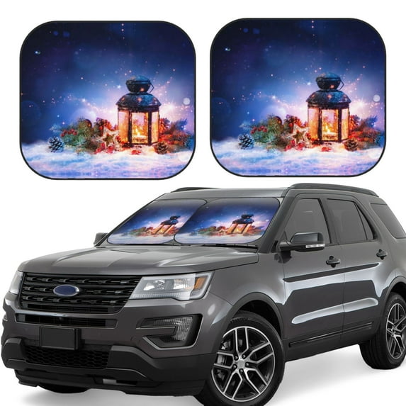 Windshield Sun Shade, Lantern On Snow With Christmas Foldable Car Sun Shade Windshield for Front, 2 Pieces