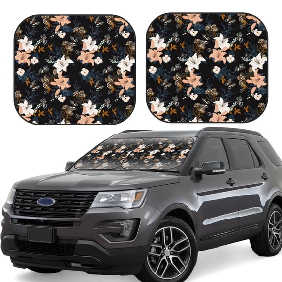 Windshield Sun Shade, Lilies Flowers Colorful Butterfly Foldable Car Sun Shade Windshield For Front, 2 Pieces
