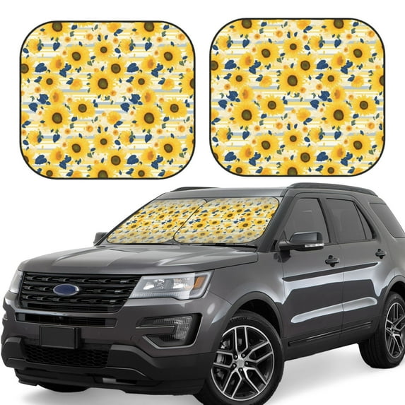 Windshield Sun Shade, Navy Blue Leaf Sunflower Foldable Car Sun Shade Windshield For Front, 2 Pieces