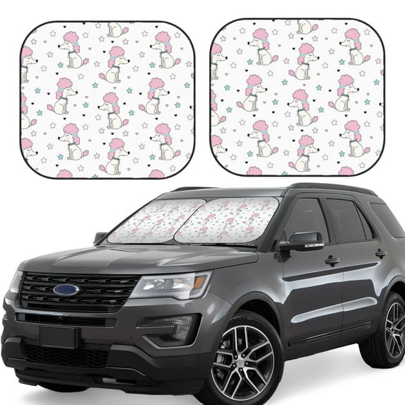 Windshield Sun Shade, Pink Cute Poodle Dog Stars Foldable Car Sun Shade Windshield For Front, 2 Pieces