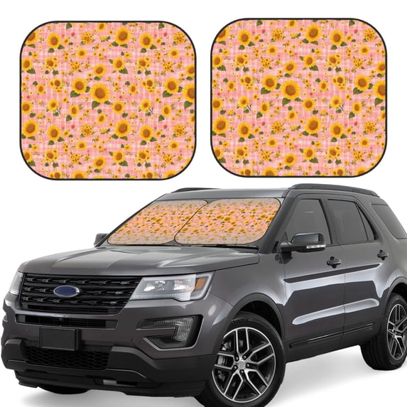 Windshield Sun Shade, Pink Plaid Sunflower Foldable Car Sun Shade Windshield For Front, 2 Pieces