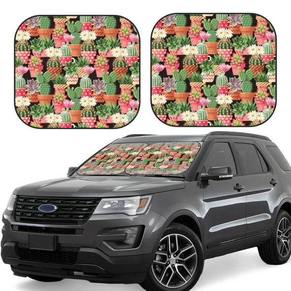 Windshield Sun Shade, Potted Plant Cactus Foldable Car Sun Shade Windshield For Front, 2 Pieces