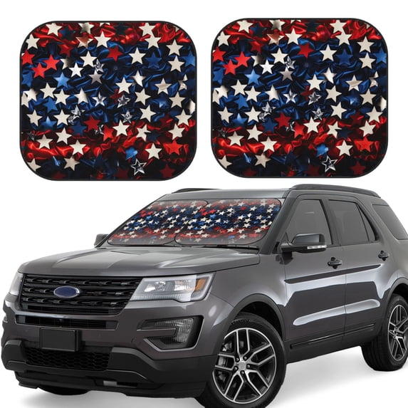 Windshield Sun Shade, Red Blue White Stars Foldable Car Sun Shade Windshield for Front, 2 Pieces